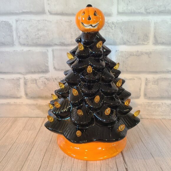 Halloween Ceramic Lighted Tree Pumpkin Jackolantern Black Orange Holiday Decor - Picture 8 of 12